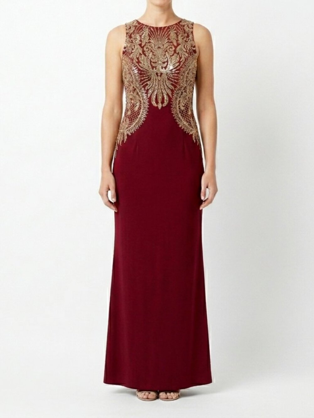 Cachet Evening Gown Red Gold Embellished Embroidered Mesh Chiffon Dress Size 8